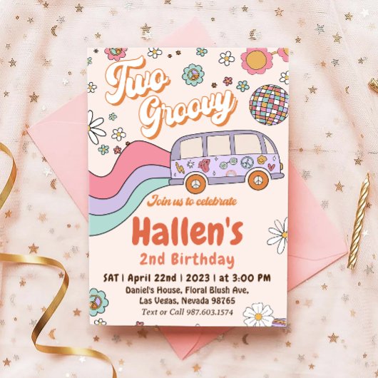 Invitation Deux Super Retro Daisy Rainbow 2e anniversaire