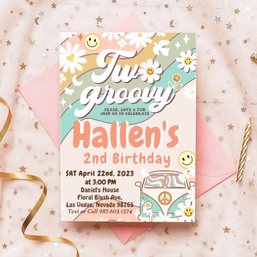 Invitation Deux Super Retro Daisy Rainbow 2e anniversaire