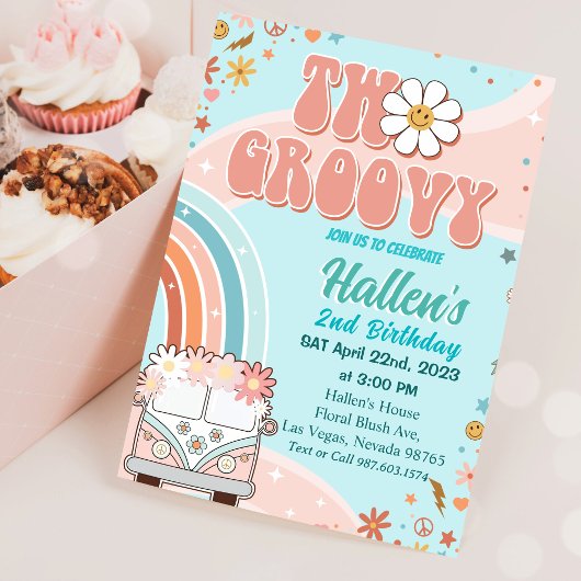 Invitation Deux Super Retro Daisy Rainbow 2e anniversaire