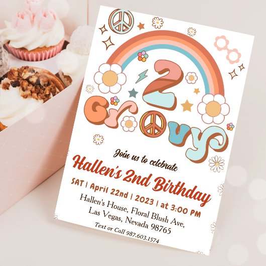 Invitation Deux Super Retro Daisy Rainbow 2e anniversaire