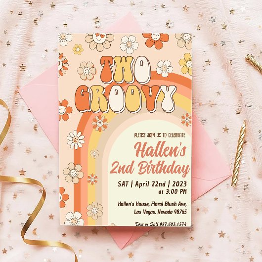 Invitation Deux Super Retro Daisy Rainbow 2e anniversaire