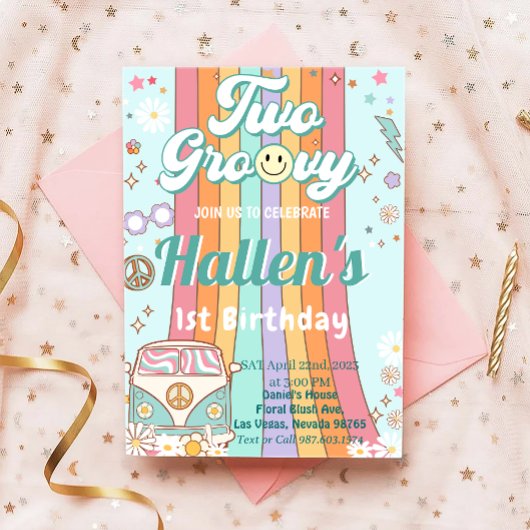 Invitation Deux Super Retro Daisy Rainbow 2e anniversaire