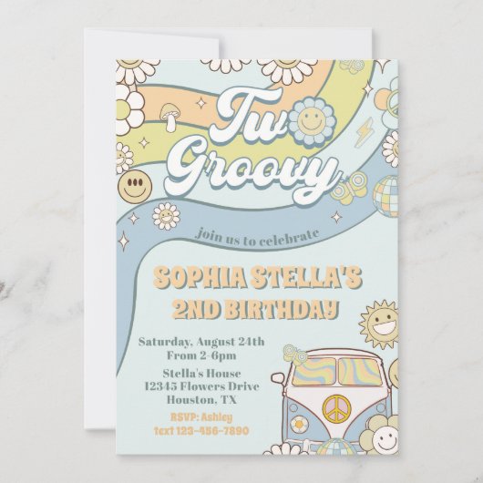 Invitation Deux Super Retro Rainbow 2e fête d'anniversaire (Devant)