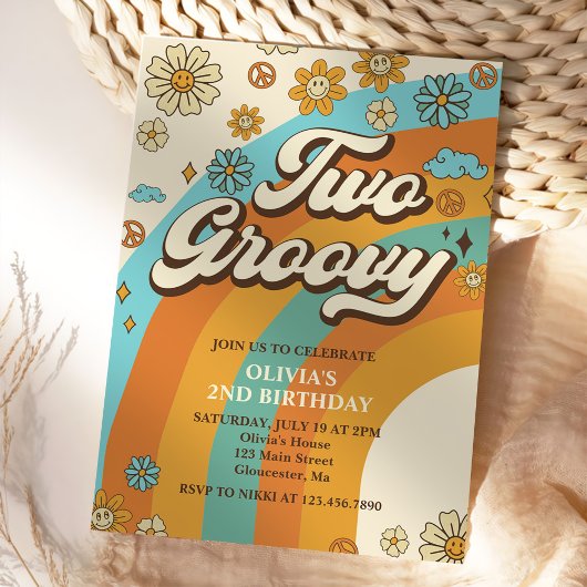 Invitation Deux Super Retro Rainbow 2e fête d'anniversaire