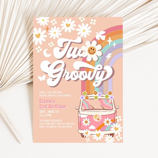 Invitation Deux Super Rose Daisy Rainbow Hippie 2e anniversai