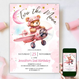 Invitation DEUX sur la Lune 2e anniversaire Fille Rose