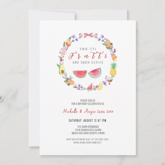 Invitation Deux tti Fruitti Fille Anniversaire, Été 2 Anniver (Devant)