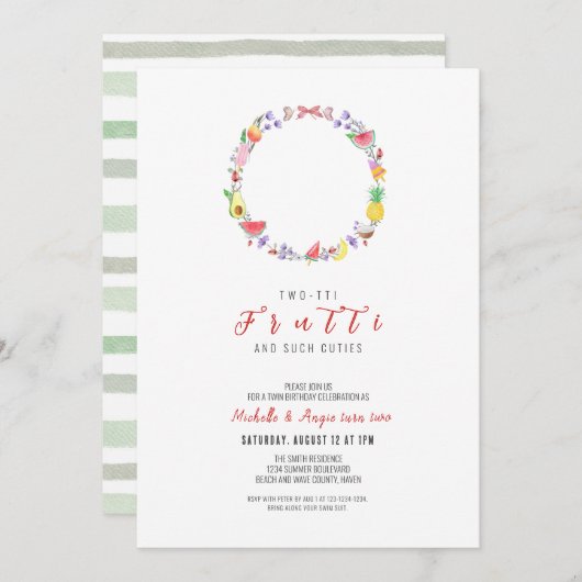 Invitation Deux tti Fruitti Twin Anniversaire, Été 2 Annivers (Devant / Derrière)