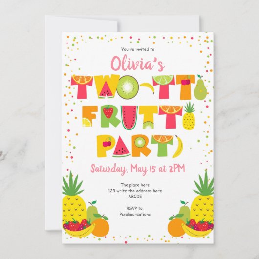 Invitation Deux tti Frutti, Tropical, Fruit, Fille 2e anniver (Devant)