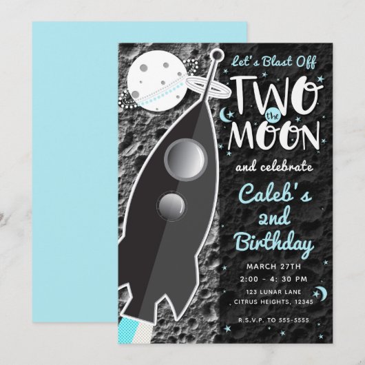 Invitation DEUX VERS LA LUNE Fête d'anniversaire de la fusée (Devant / Derrière)