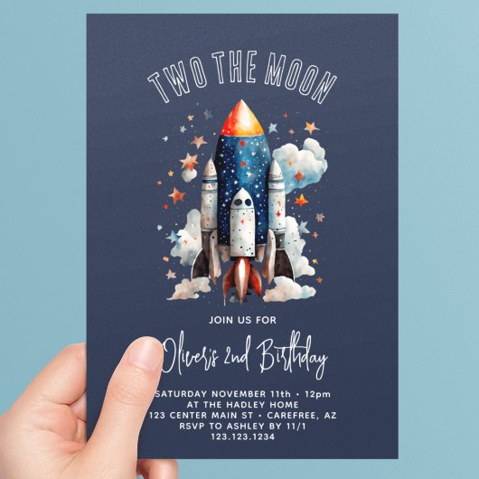 Invitation Deux vers la Lune Fusée Navire 2e Anniversaire