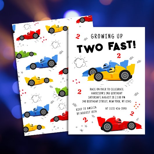 Invitation Deux Voitures de Course Colorées Rapides 2ème Anni