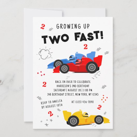 Invitation Deux voitures de course pour enfants de 2e anniver (Devant)
