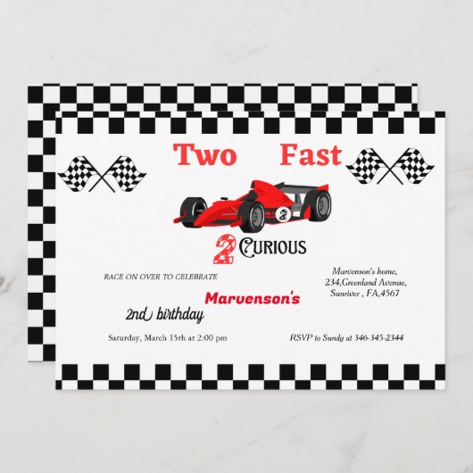 Invitation Deux voitures de course rapide garçons 2e annivers (Devant / Derrière)