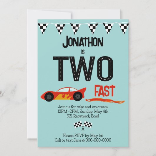 Invitation DEUX voitures de course rapide thème 2ème annivers (Devant)