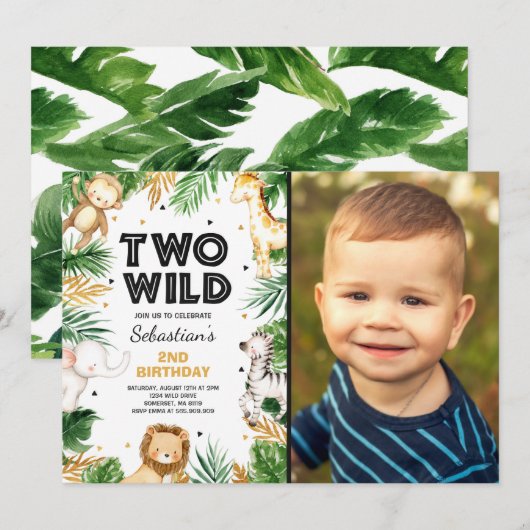 Invitation Deux Wild 2e anniversaire fête Safari Animaux Part (Devant / Derrière)