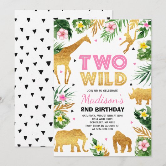 Invitation Deux Wild 2e anniversaire fête Safari Animaux Part (Devant / Derrière)
