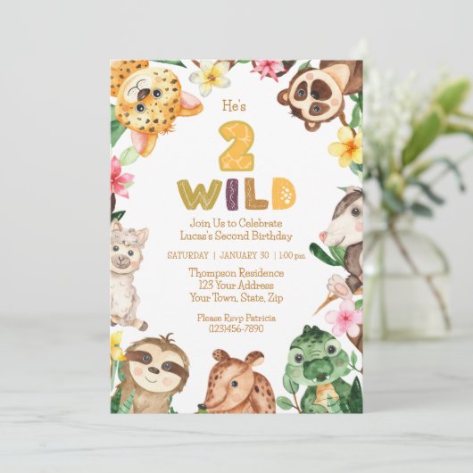 Invitation Deux Wild 2e anniversaire fête Safari Animaux Part (Debout devant)