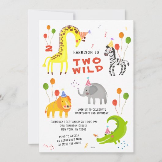 Invitation Deux Wild 2e anniversaire Safari Animaux mignons E (Devant)