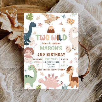 Invitation Deux Wild Cute Dinosaur 2e fête d'anniversaire