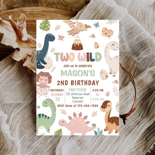 Invitation Deux Wild Cute Dinosaur 2e fête d'anniversaire