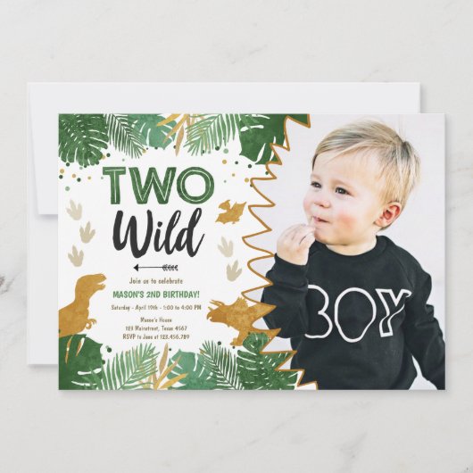 Invitation Deux Wild Dino Party Boy Gold Dinosaur 2e annivers (Devant)