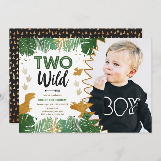 Invitation Deux Wild Dino Party Boy Gold Dinosaur 2e annivers (Devant / Derrière)