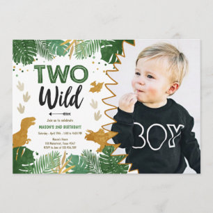 Invitation Deux Wild Dino Party Boy Gold Dinosaur 2e annivers
