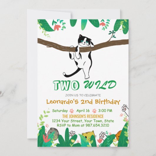 Invitation Deux Wild Kitty Cat Greenery Enfants 2e anniversai (Devant)