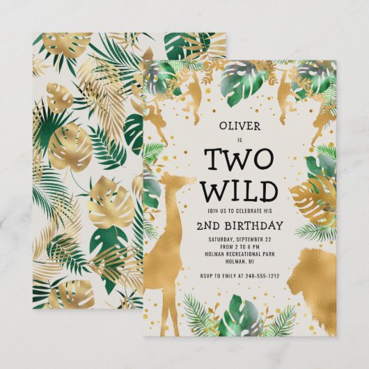 Invitation Deux Wild Safari Green Gold Ecru 2e anniversaire (Devant / Derrière)