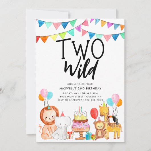 Invitation DEUX WILD Safari Party Animaux Enfants 2e annivers (Devant)