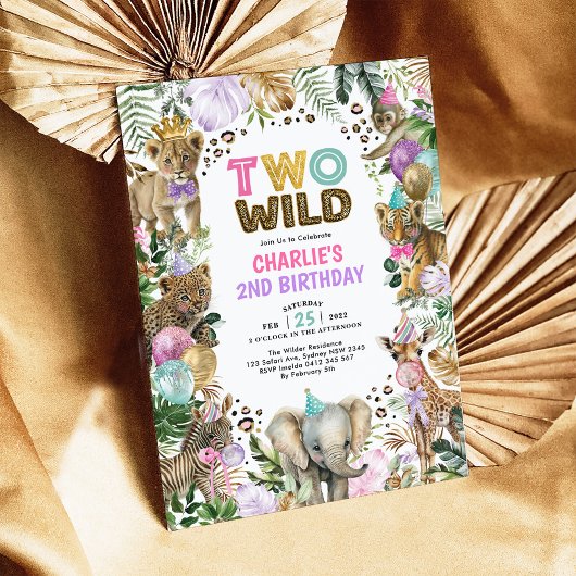 Invitation Deux Wild Safari Party Animaux Fille 2e anniversai