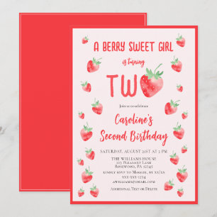 Invitation Deuxième anniversaire de fille douce aux fraises d