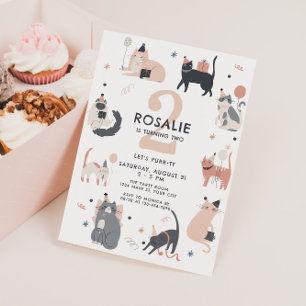 Invitation Deuxième anniversaire des filles Rose Chat