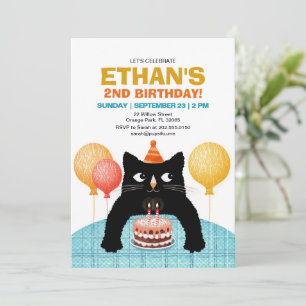 Invitation DEUXIÈME fête d'anniversaire chat avec gâteau et b