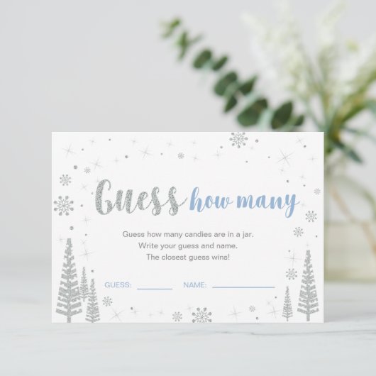 Invitation Devinez combien | Jeu Baby shower bleu hiver Invi (Debout devant)
