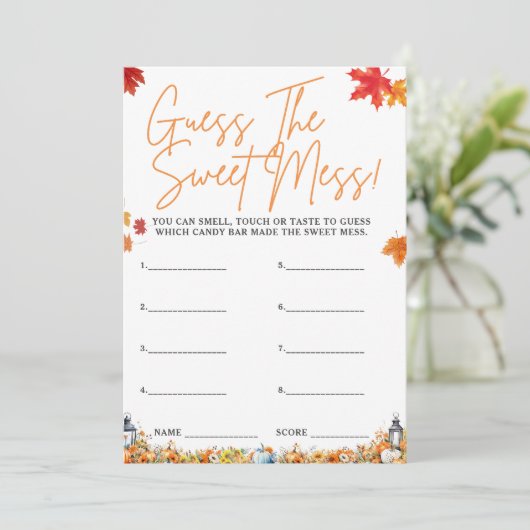 Invitation DEVINEZ LE Baby shower DOUCE MESS JEU Citrouille (Debout devant)