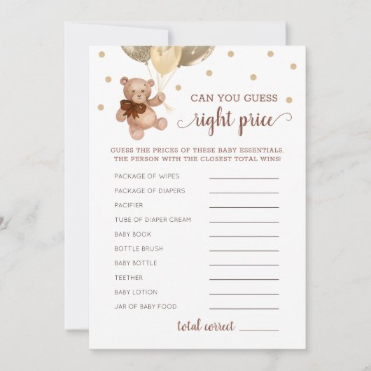 Invitation Devinez le bon prix jeu Baby shower Teddy Bear Car