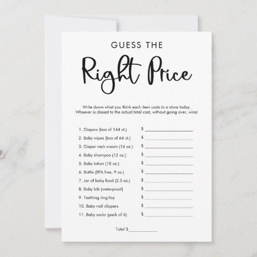 Invitation Devinez le bon prix jeu de baby shower moderne (Devant)