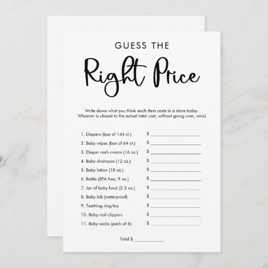 Invitation Devinez le bon prix jeu de baby shower moderne (Devant / Derrière)