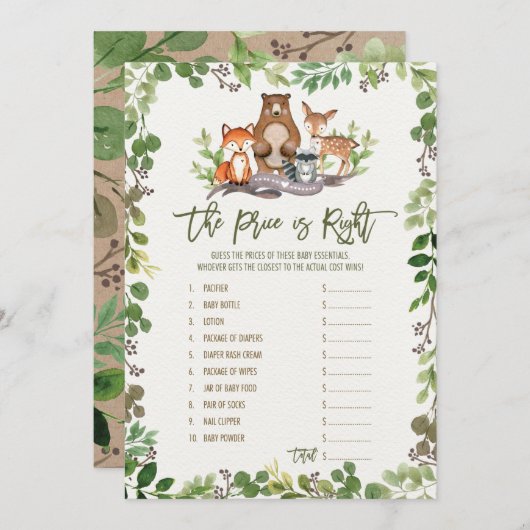 Invitation Devinez le bon prix Woodland Baby shower jeu (Devant / Derrière)
