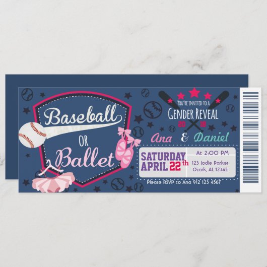 Invitation Dévoilement du sexe du bébé - Ballets de baseball  (Devant / Derrière)