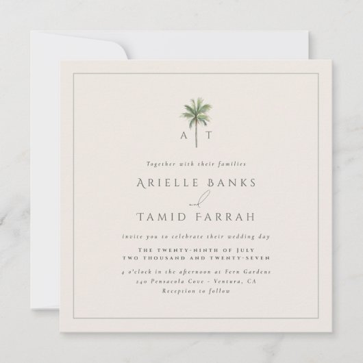 Invitation Devonport Monogram Moderne Aquarelle Palm Mariage (Devant)