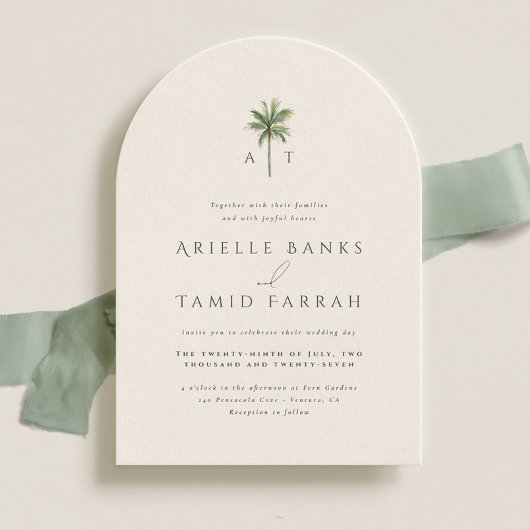 Invitation Devonport Monogram Moderne Aquarelle Palm Mariage
