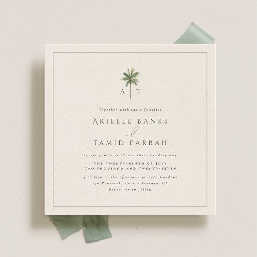 Invitation Devonport Monogram Moderne Aquarelle Palm Mariage