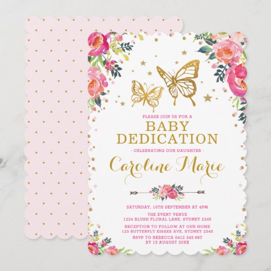 Invitation Dévouement floral de bébé d'aquarelle Girly de (Devant / Derrière)