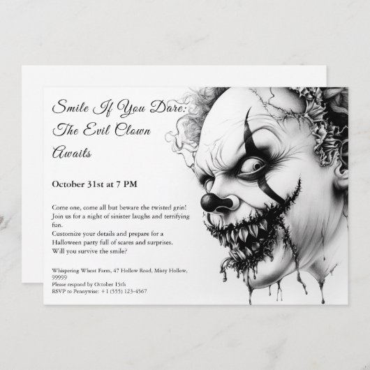 Invitation d'Halloween Clown - Sinister Smile (Devant / Derrière)
