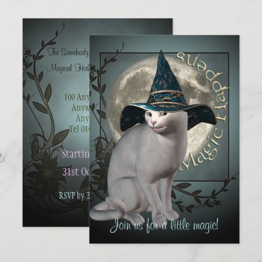 Invitation d'Halloween de chat blanc magique (Devant / Derrière)