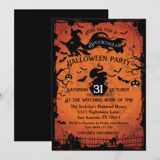 Invitation d'Halloween de sorcière et de chauves-s (Devant / Derrière)