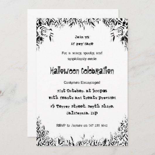 Invitation d'Halloween Éffrayant noir et blanc (Devant / Derrière)
